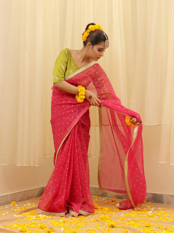Organza Embroidered  Saree – Pink Organza Embroidered  Saree – Pink