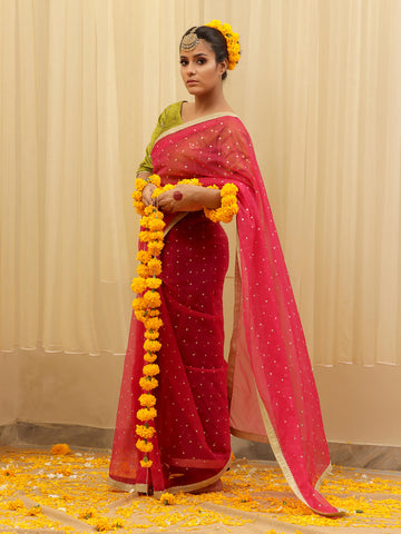 Organza Embroidered  Saree – Pink Organza Embroidered  Saree – Pink