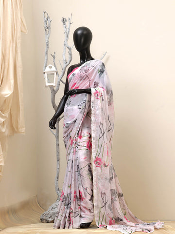 Chiffon Floral Printed Saree - Powder Pink Chiffon Floral Printed Saree - Powder Pink