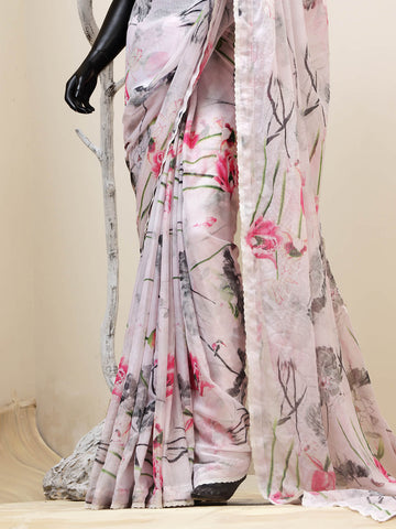Chiffon Floral Printed Saree - Powder Pink Chiffon Floral Printed Saree - Powder Pink