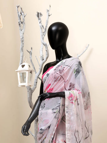 Chiffon Floral Printed Saree - Powder Pink Chiffon Floral Printed Saree - Powder Pink