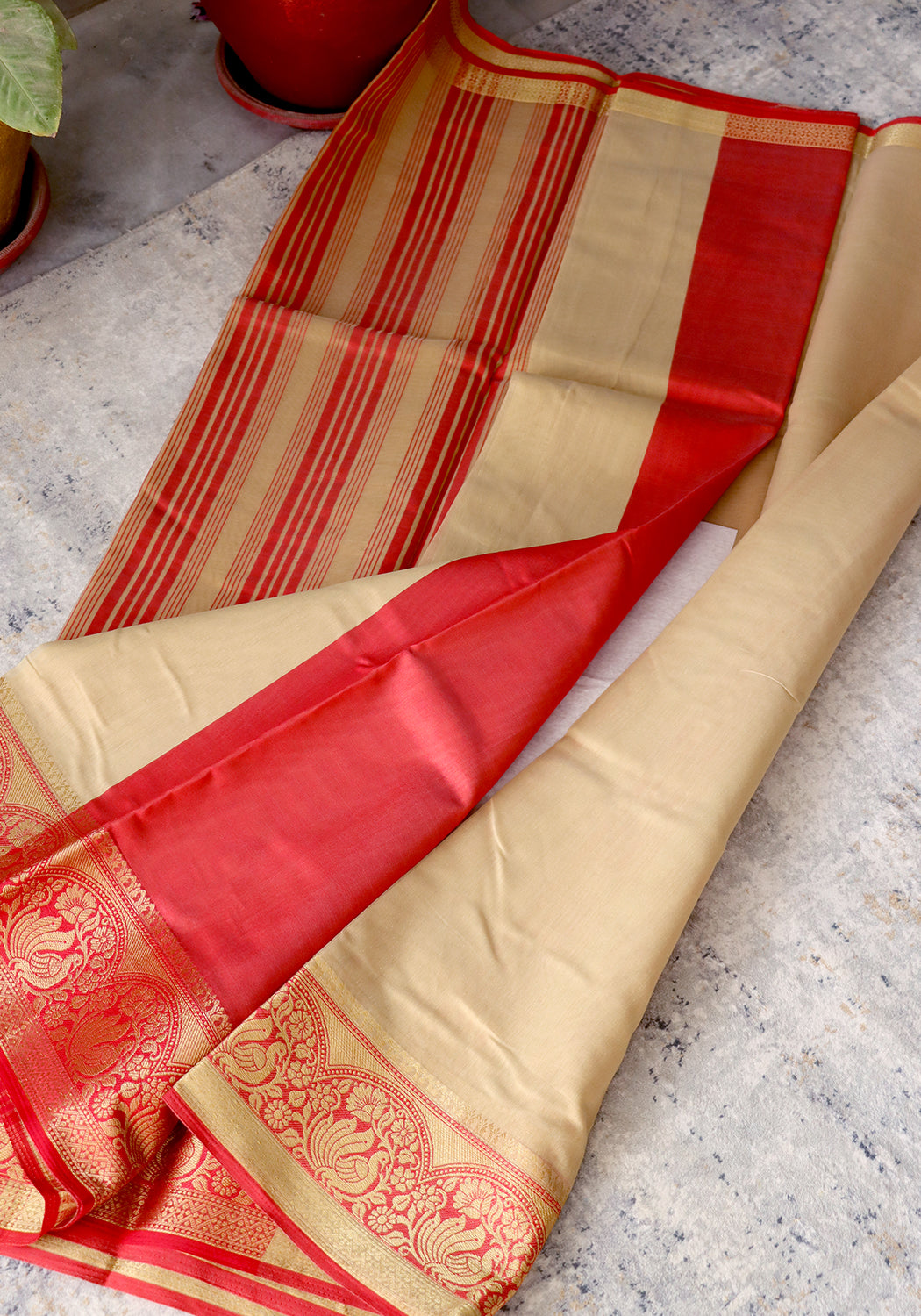 Cotton Banarsi Sarees – Fawn & Red