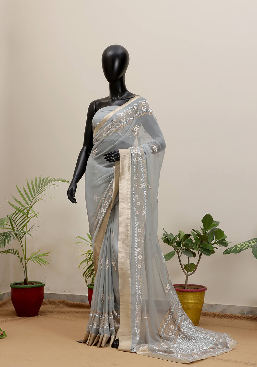 Chiffon Block Print Saree - Grey