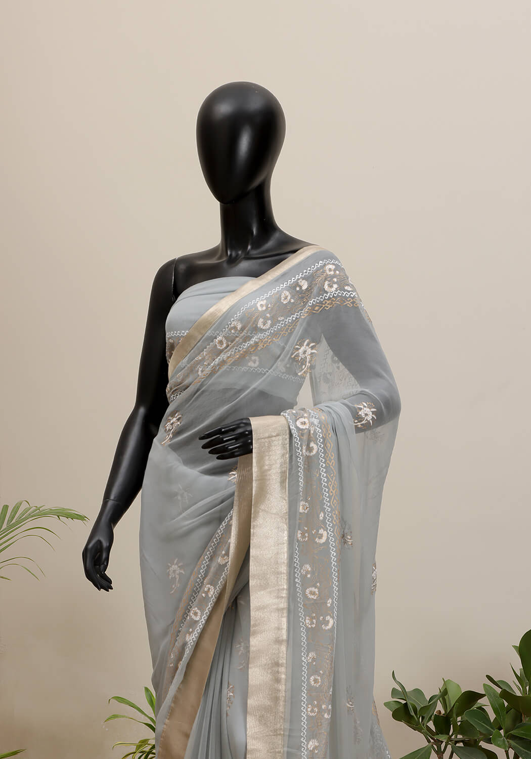 Chiffon Block Print Saree - Grey