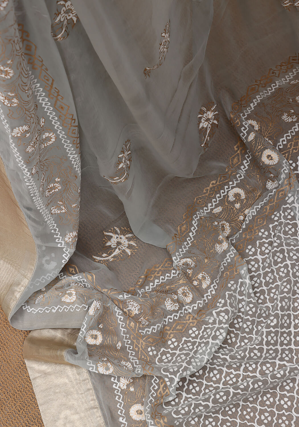 Chiffon Block Print Saree - Grey