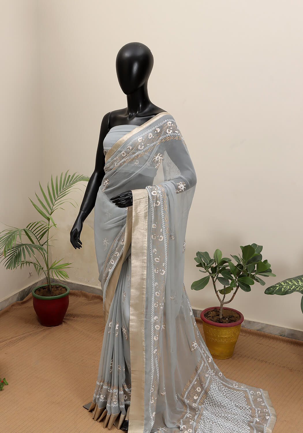 Chiffon Block Print Saree - Grey