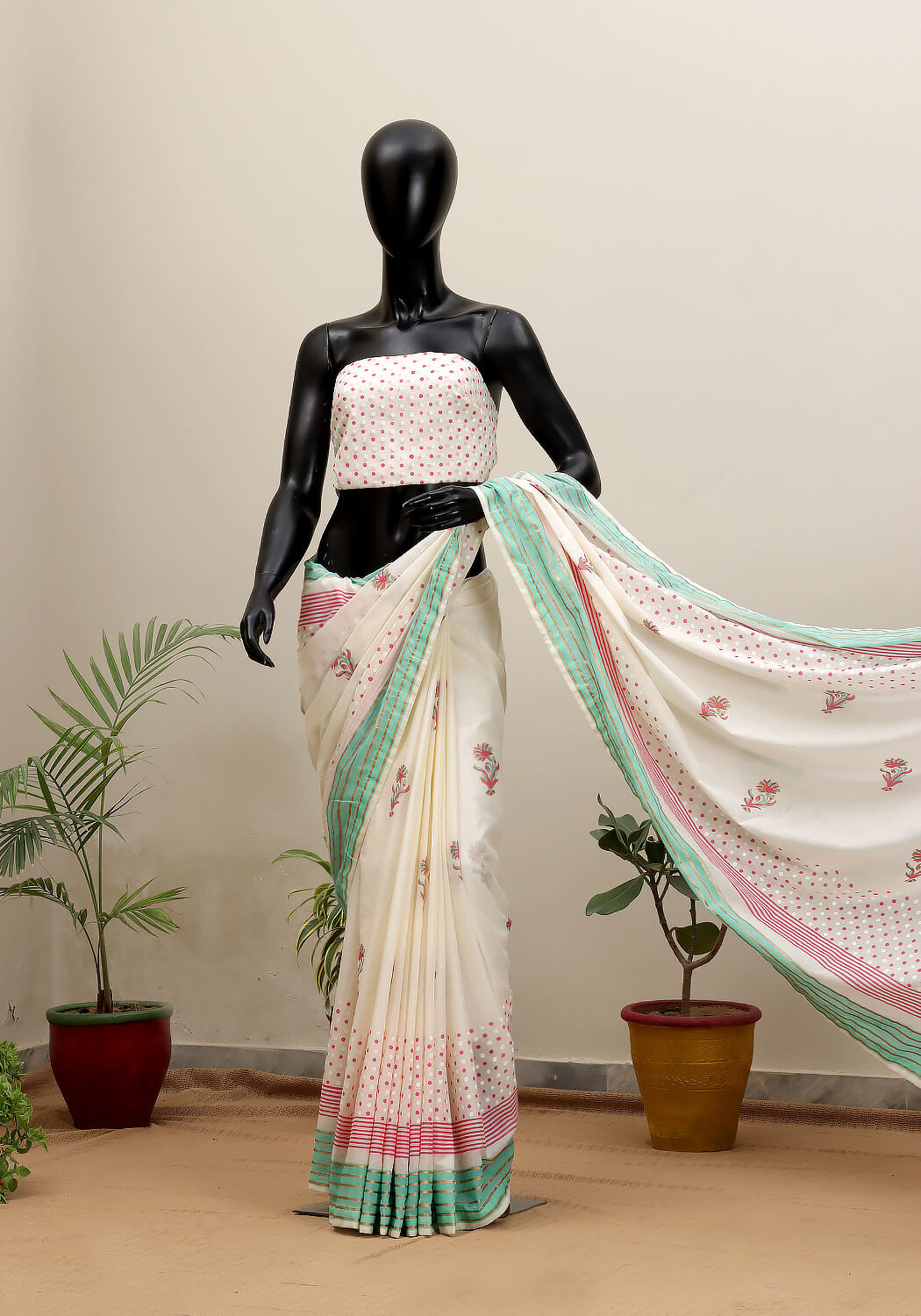 Lawn Block Print Saree - Ivory