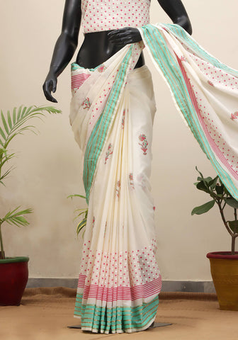 Lawn Block Print Saree - Ivory