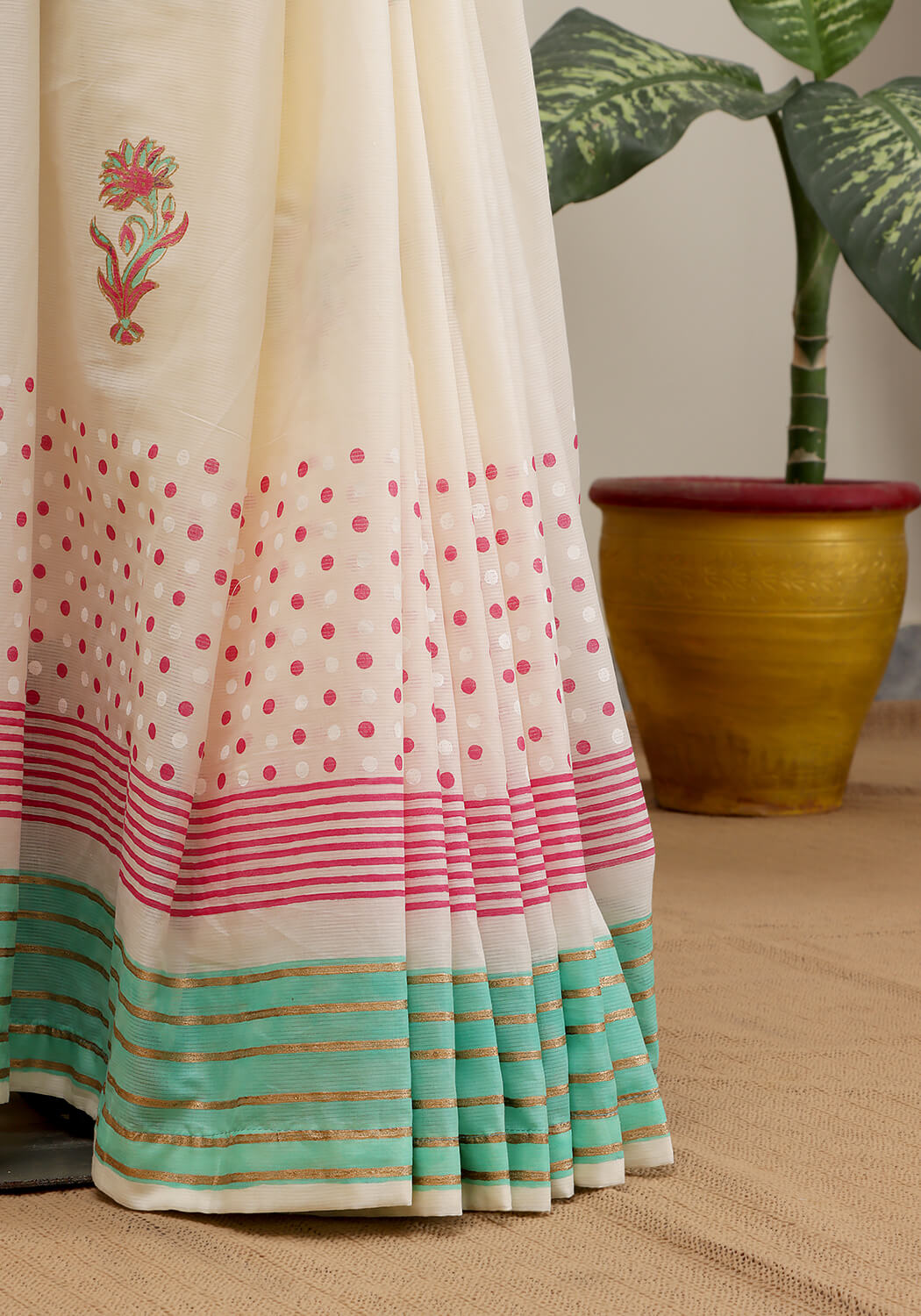 Lawn Block Print Saree - Ivory