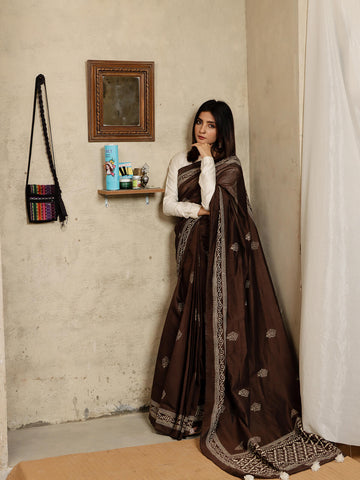 Block Print Saree - Dark Brown