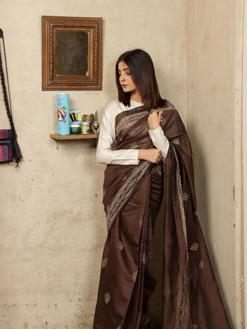 Block Print Saree - Dark Brown