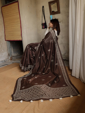 Block Print Saree - Dark Brown