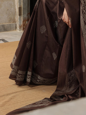 Block Print Saree - Dark Brown