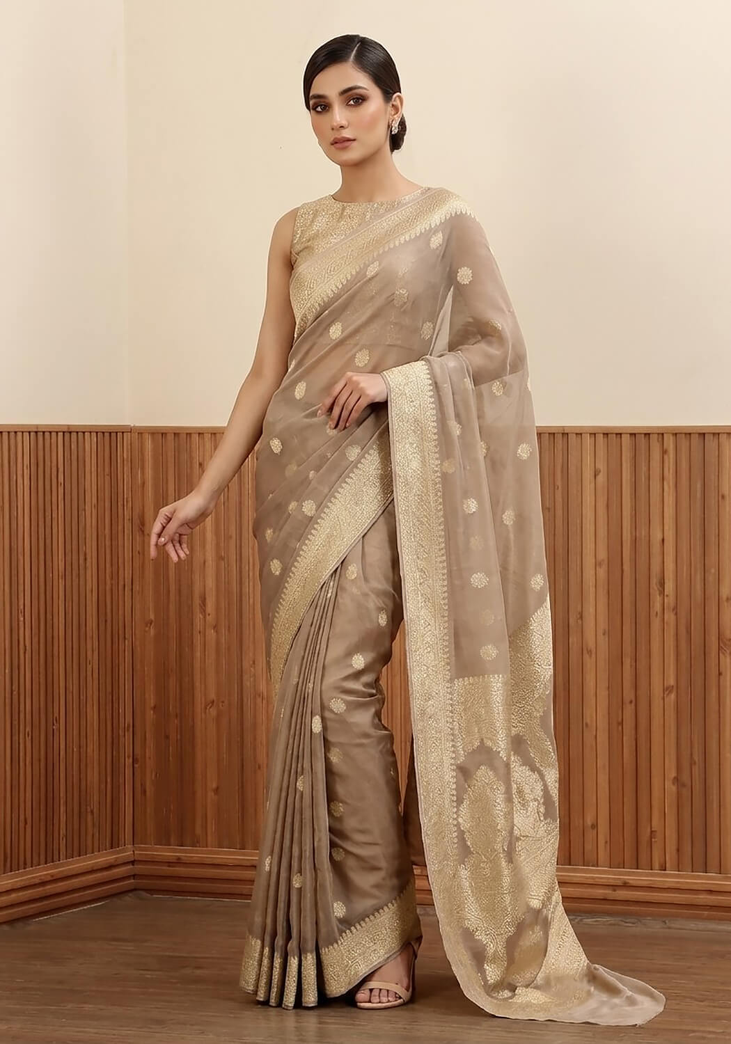 Chiffon Silk Banarasi Saree - Champagne Gold
