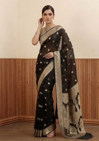 Chiffon Silk Banarasi Saree - Midnight Black