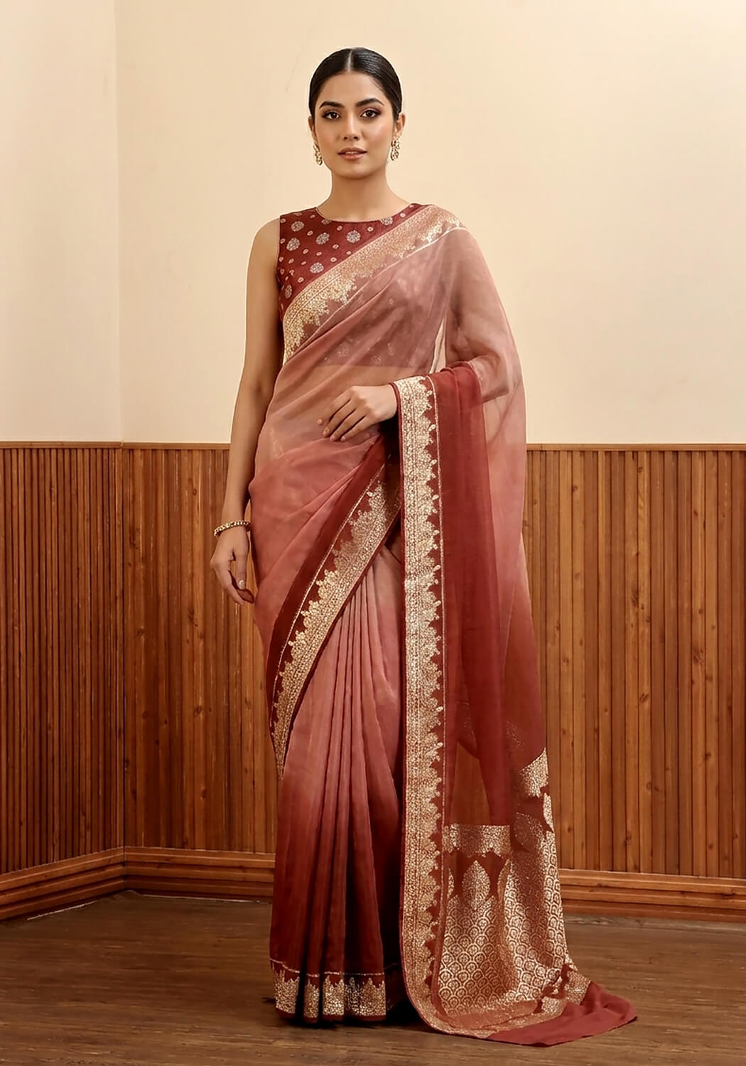 Ombré Chiffon Silk Banarasi Saree - Rosewood & Terracotta