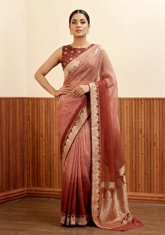 Ombré Chiffon Silk Banarasi Saree - Rosewood & Terracotta