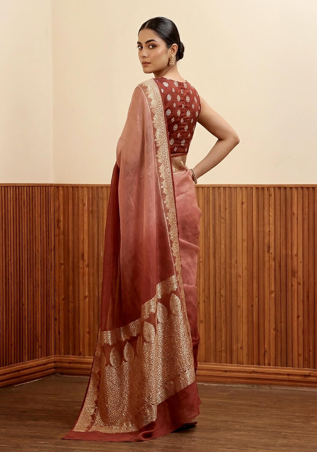 Ombré Chiffon Silk Banarasi Saree - Rosewood & Terracotta