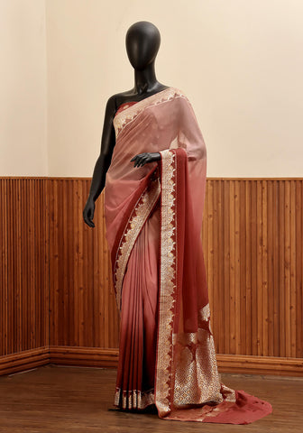 Ombré Chiffon Silk Banarasi Saree - Rosewood & Terracotta