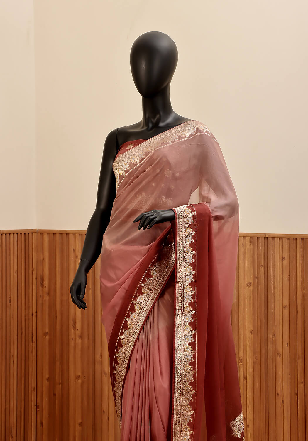 Ombré Chiffon Silk Banarasi Saree - Rosewood & Terracotta