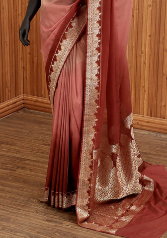Ombré Chiffon Silk Banarasi Saree - Rosewood & Terracotta