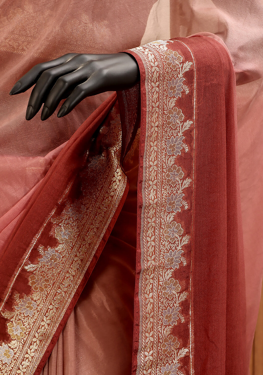 Ombré Chiffon Silk Banarasi Saree - Rosewood & Terracotta