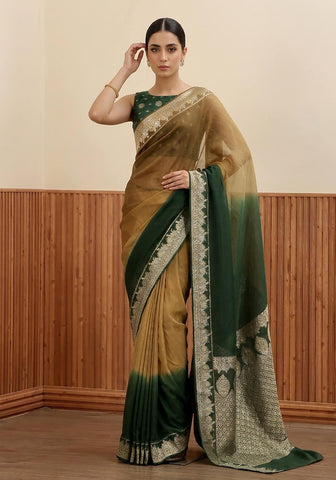 Ombré Chiffon Silk Banarasi Saree -  Olive & Emerald Green