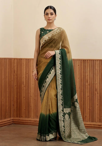 Ombré Chiffon Silk Banarasi Saree -  Olive & Emerald Green