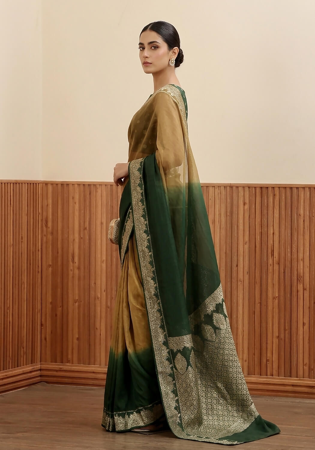 Ombré Chiffon Silk Banarasi Saree -  Olive & Emerald Green