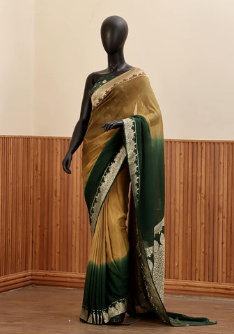 Ombré Chiffon Silk Banarasi Saree -  Olive & Emerald Green
