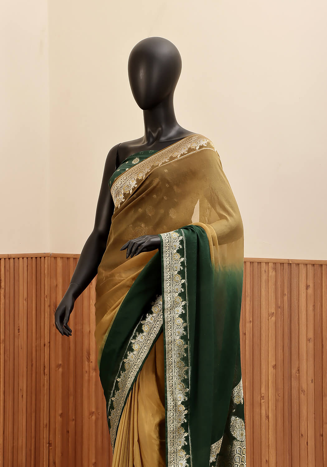 Ombré Chiffon Silk Banarasi Saree -  Olive & Emerald Green