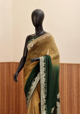 Ombré Chiffon Silk Banarasi Saree -  Olive & Emerald Green