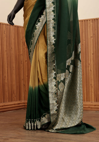 Ombré Chiffon Silk Banarasi Saree -  Olive & Emerald Green
