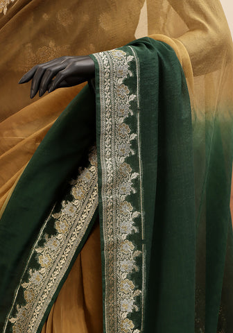 Ombré Chiffon Silk Banarasi Saree -  Olive & Emerald Green
