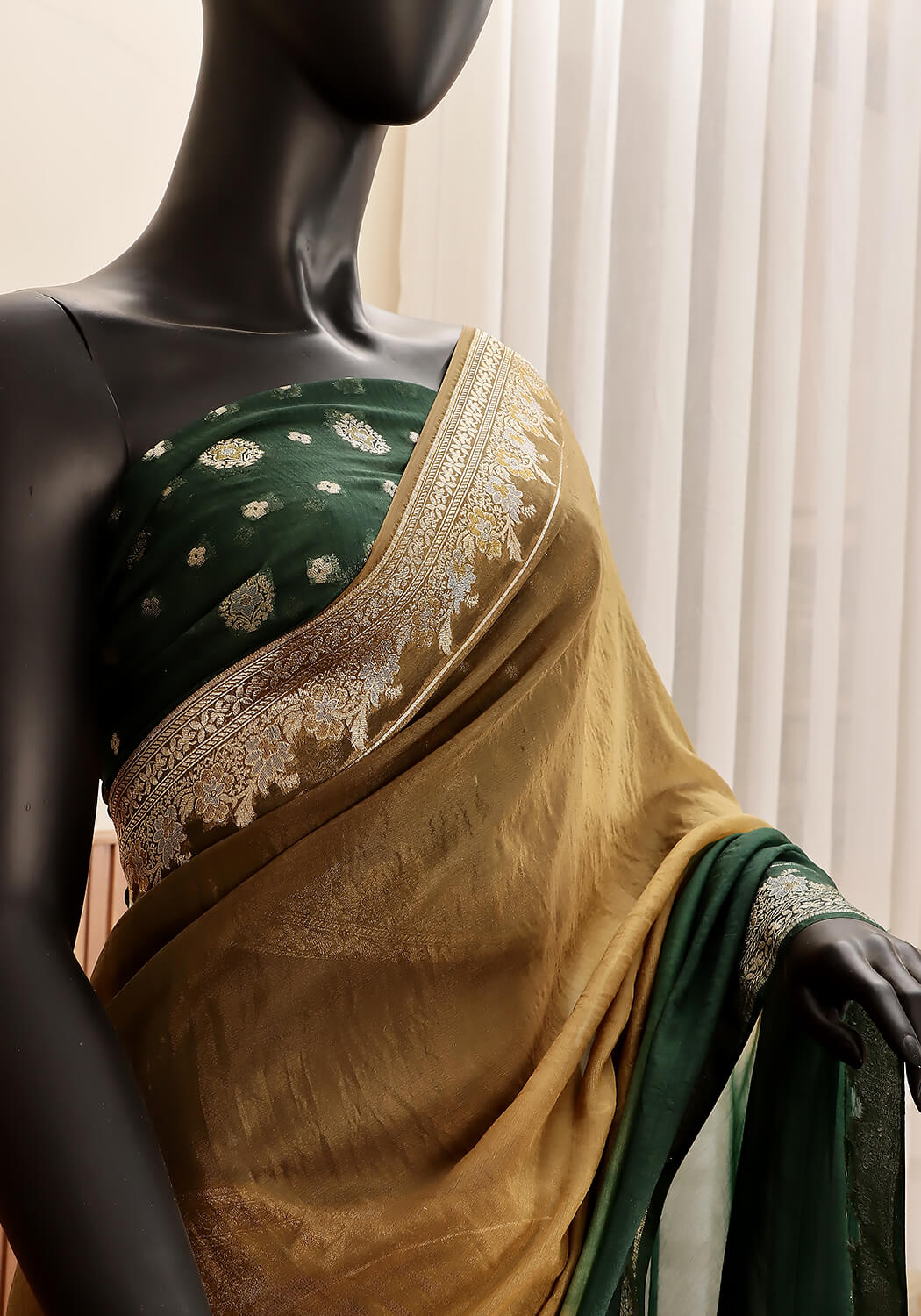 Ombré Chiffon Silk Banarasi Saree -  Olive & Emerald Green