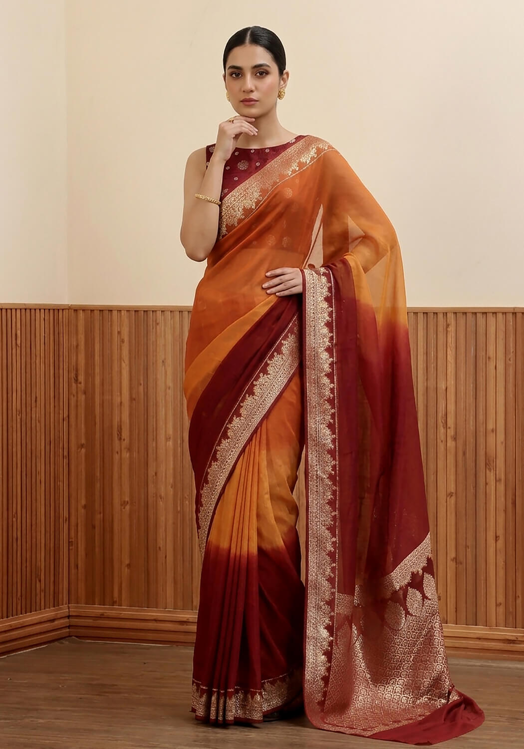 Ombré Chiffon Silk Banarasi Saree -  Rust Amber & Deep Crimson