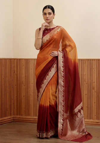 Ombré Chiffon Silk Banarasi Saree -  Rust Amber & Deep Crimson