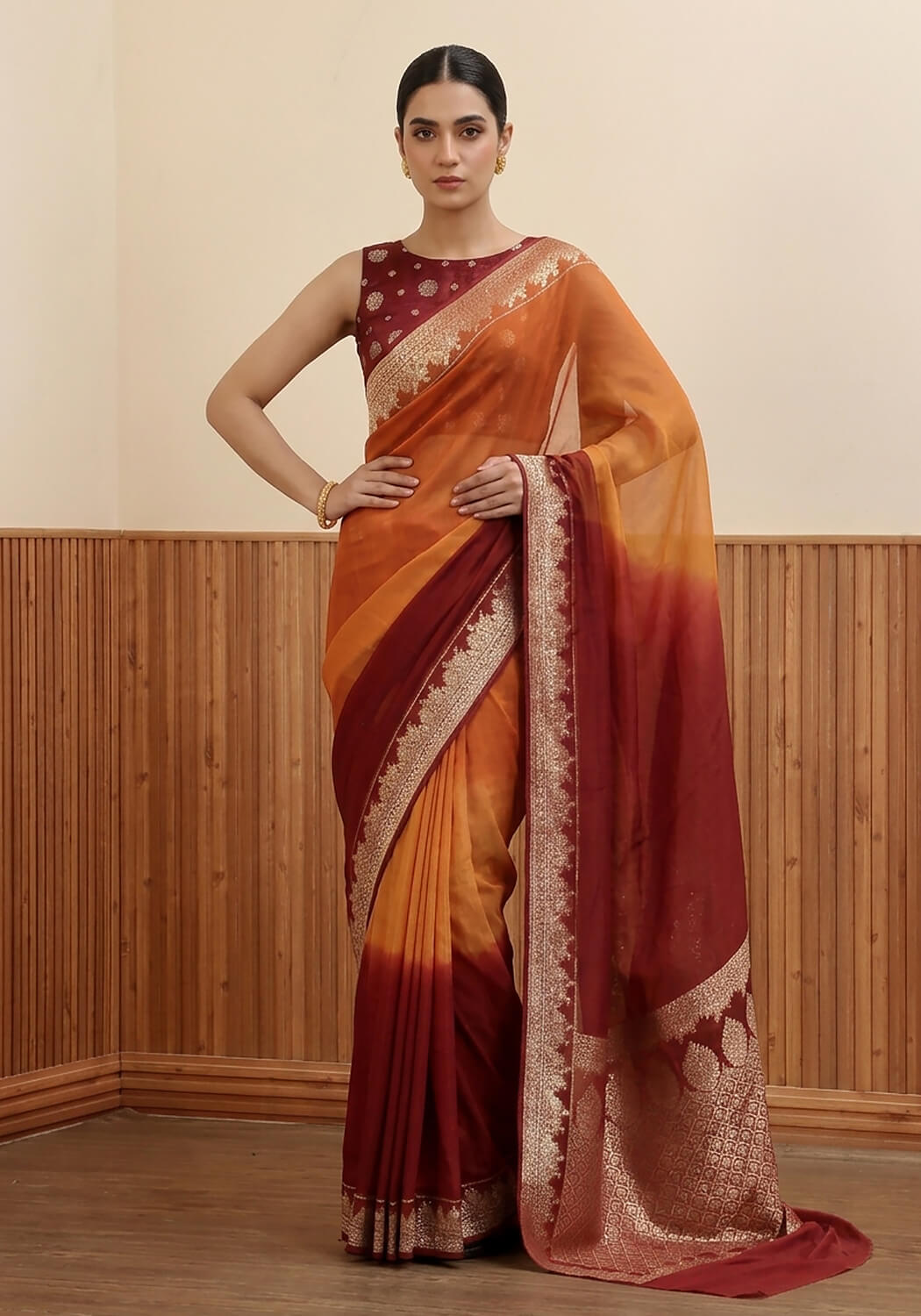 Ombré Chiffon Silk Banarasi Saree -  Rust Amber & Deep Crimson