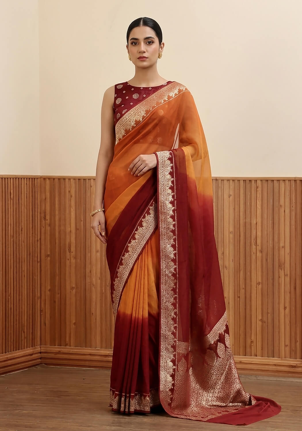 Ombré Chiffon Silk Banarasi Saree -  Rust Amber & Deep Crimson