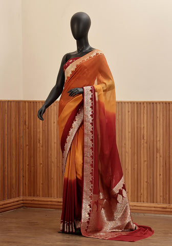 Ombré Chiffon Silk Banarasi Saree -  Rust Amber & Deep Crimson