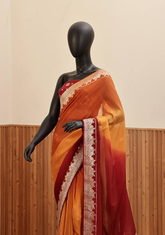 Ombré Chiffon Silk Banarasi Saree -  Rust Amber & Deep Crimson