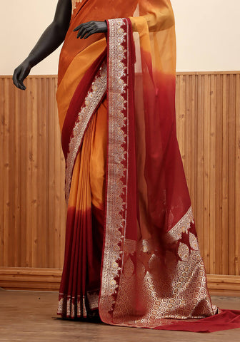 Ombré Chiffon Silk Banarasi Saree -  Rust Amber & Deep Crimson