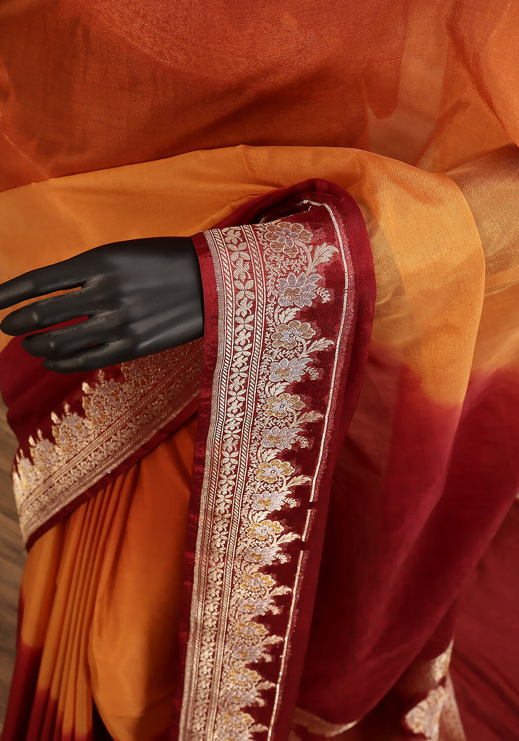 Ombré Chiffon Silk Banarasi Saree -  Rust Amber & Deep Crimson