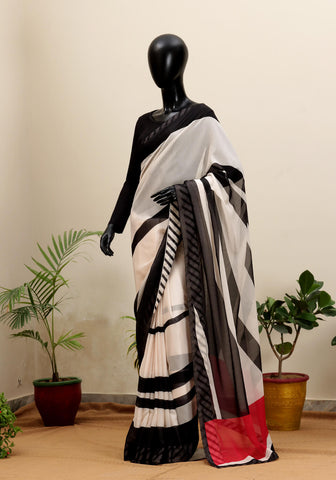 Digital Printed Saree - B&W with Hot Pink