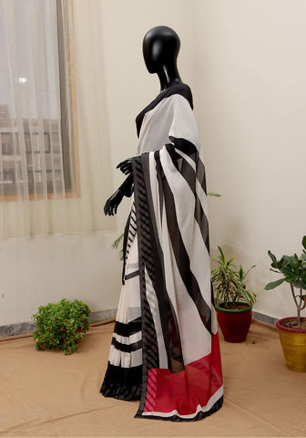 Digital Printed Saree - B&W with Hot Pink