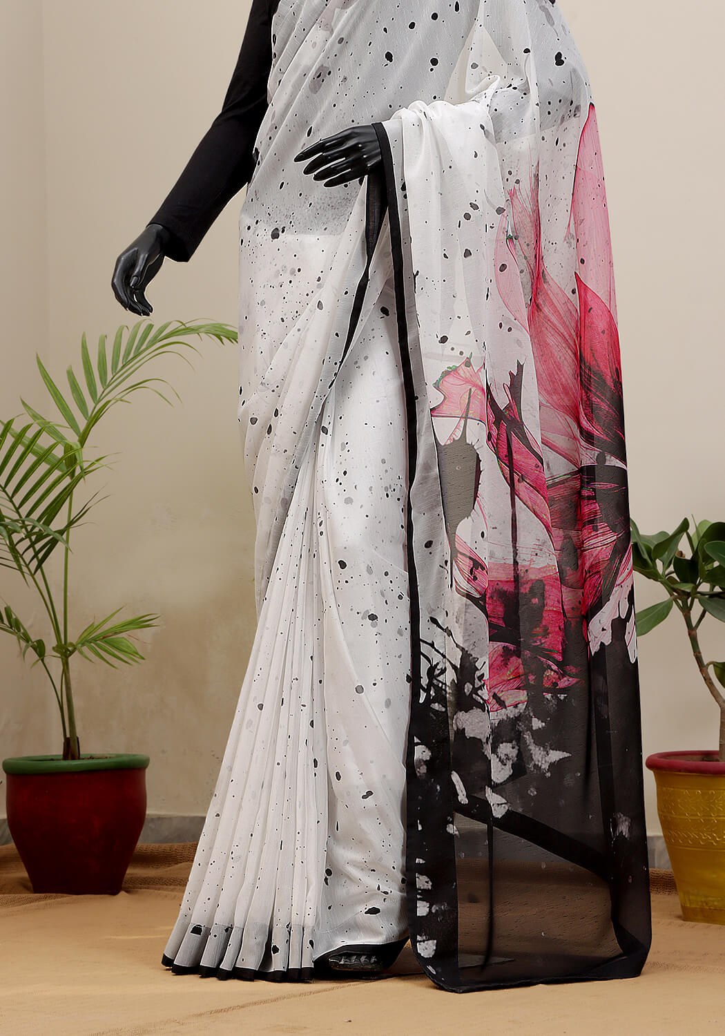 Digital Printed Saree - B&W with Pink