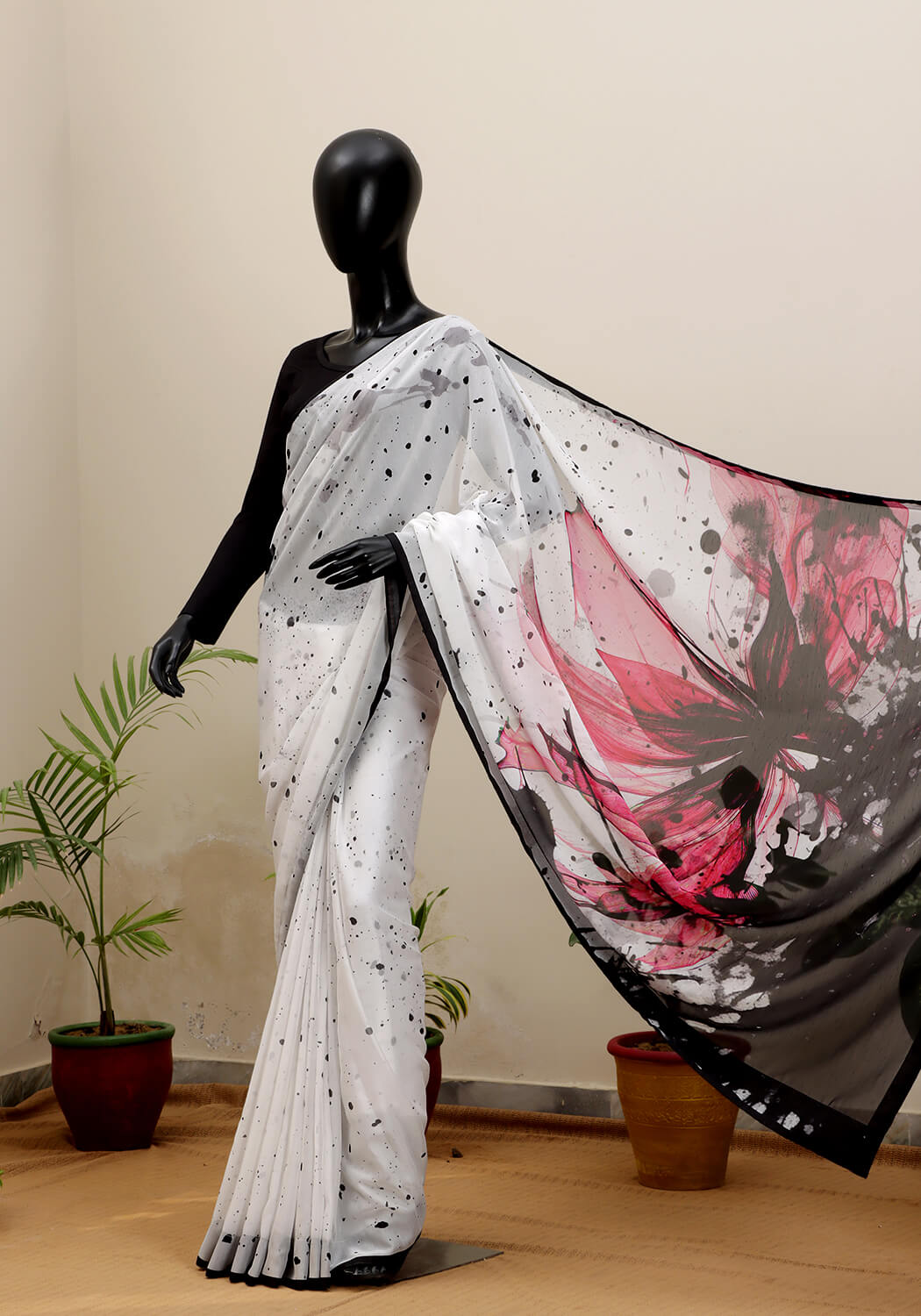 Digital Printed Saree - B&W with Pink