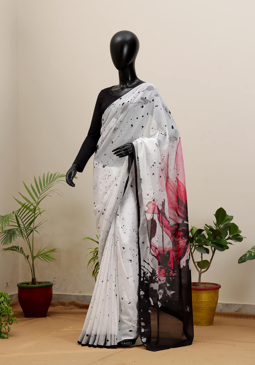 Digital Printed Saree - B&W with Pink