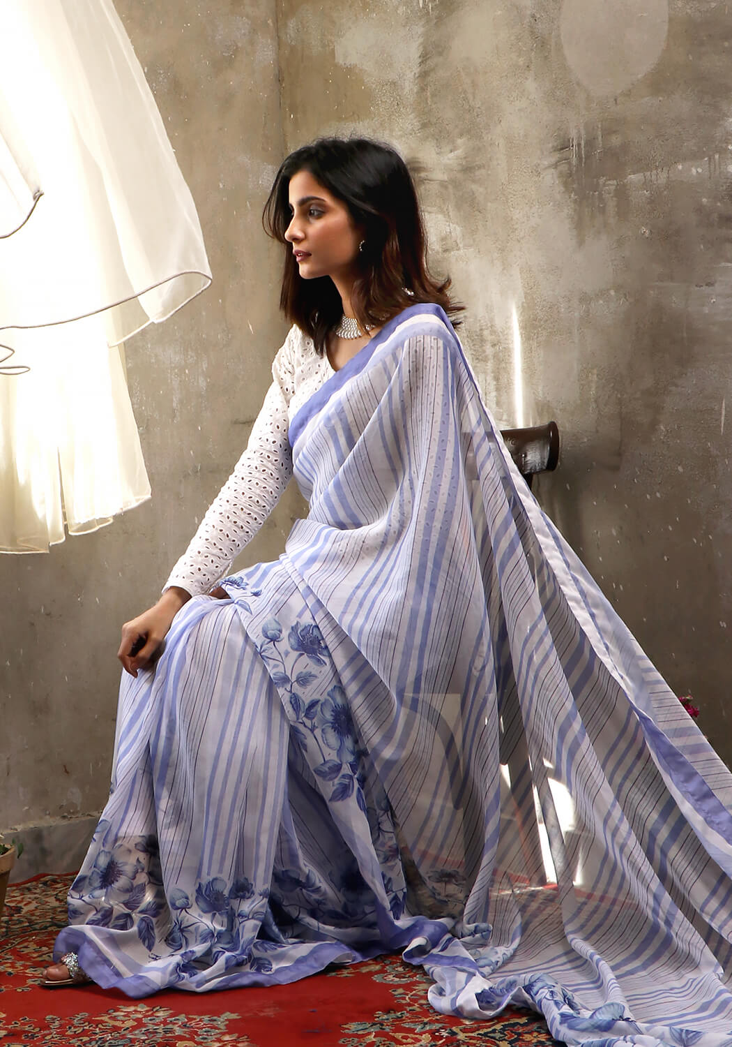 Digital Printed Saree - Blue & White