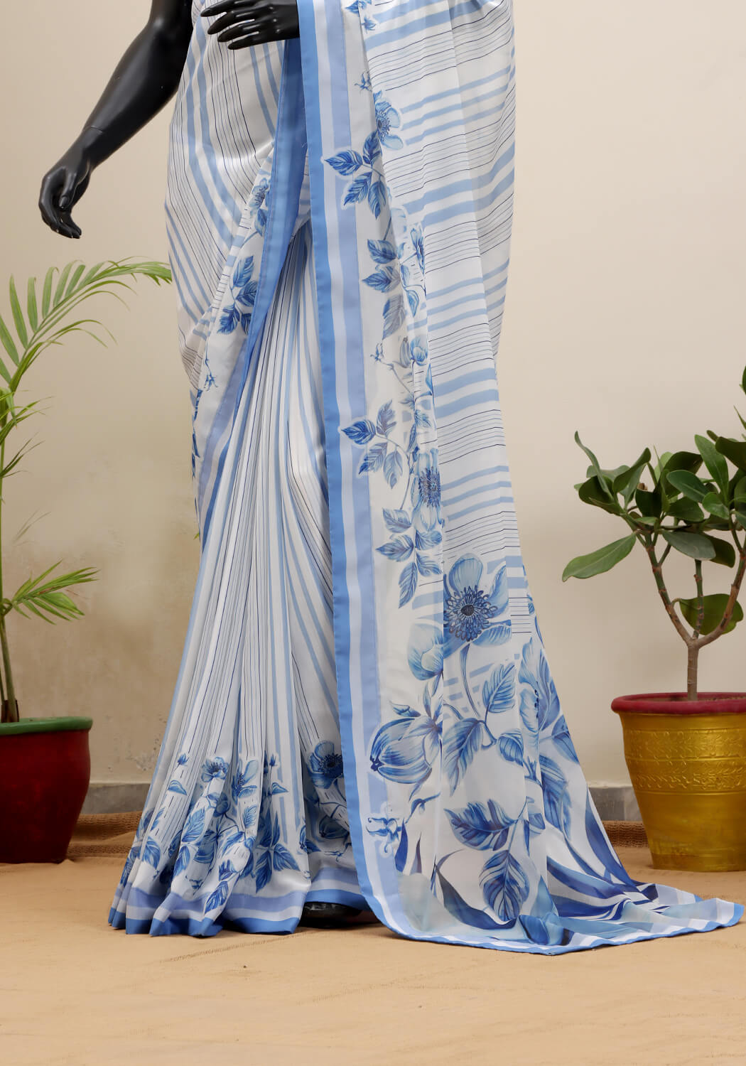 Digital Printed Saree - Blue & White